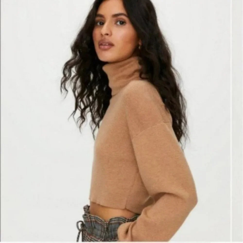 WILFRED Rebecca Sweater Wool Light Brown Cropped Turtleneck XS Aritzia - Picture 3 of 11